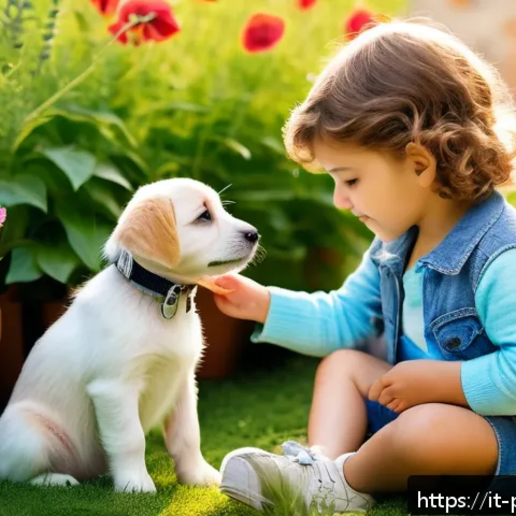 퍼피구조대와 유아 교육의 접점 - A warm and tender scene of an Italian child gently petting a small puppy wearing a collar and leash,...