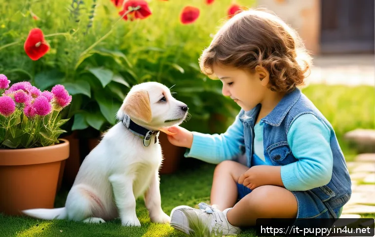 퍼피구조대와 유아 교육의 접점 - A warm and tender scene of an Italian child gently petting a small puppy wearing a collar and leash,...