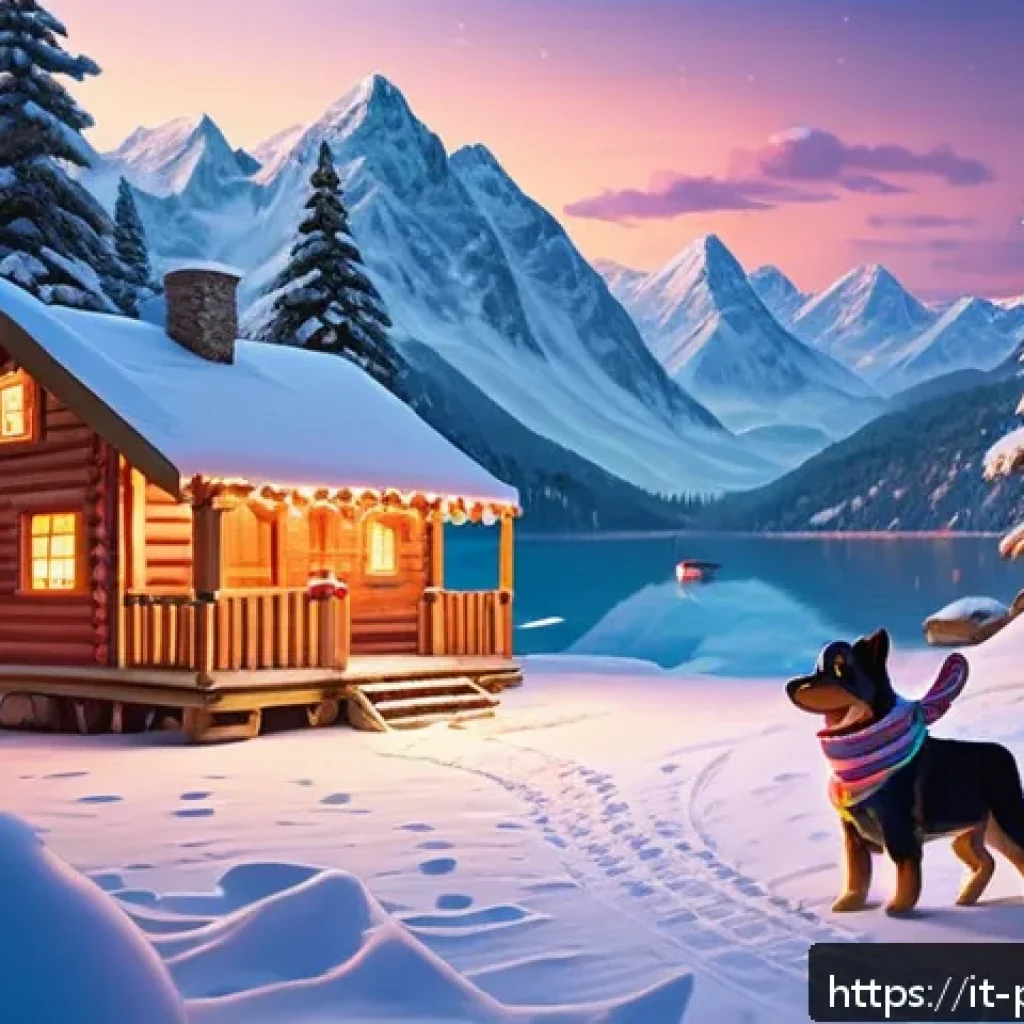 퍼피구조대 크리스마스 스페셜 - A snowy Adventure Bay scene at twilight, featuring a group of brave cartoon puppies wearing colorful...