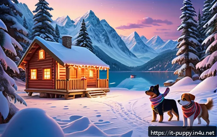 퍼피구조대 크리스마스 스페셜 - A snowy Adventure Bay scene at twilight, featuring a group of brave cartoon puppies wearing colorful...