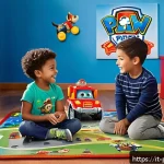 Home 22 퍼피구조대 공식 굿즈 - A vibrant and engaging playroom scene featuring children aged 3-8 joyfully interacting with Paw Patr...