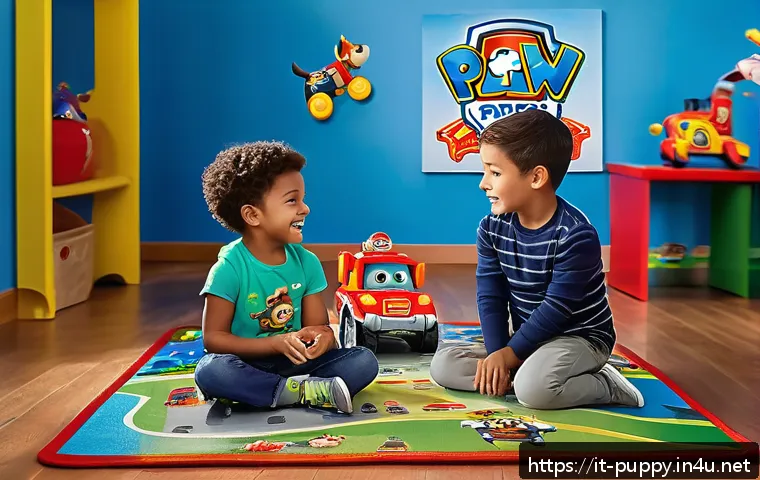 퍼피구조대 공식 굿즈 - A vibrant and engaging playroom scene featuring children aged 3-8 joyfully interacting with Paw Patr...