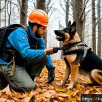 Home 21 퍼피구조대 관련 교육 자료 - A detailed scene of a search and rescue dog training session in a dense Italian forest, featuring a ...