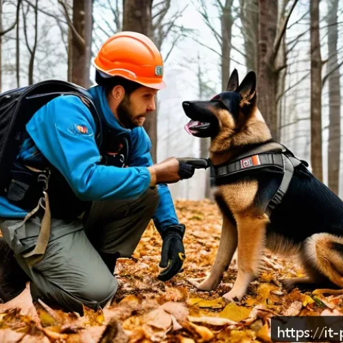 Home 33 퍼피구조대 관련 교육 자료 - A detailed scene of a search and rescue dog training session in a dense Italian forest, featuring a ...