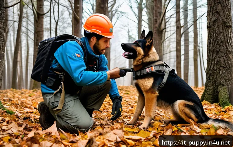 퍼피구조대 관련 교육 자료 - A detailed scene of a search and rescue dog training session in a dense Italian forest, featuring a ...