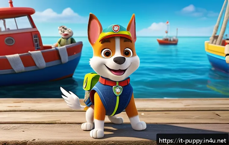 퍼피구조대 악당 캐릭터의 유머 - A colorful and lively cartoon scene featuring a clumsy villain character inspired by Captain Turbot ...