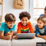 Home 19 퍼피구조대 디지털 콘텐츠 - A cheerful group of diverse young children, all wearing colorful casual clothes and some with light ...