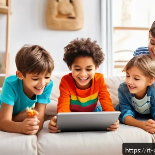 Home 31 퍼피구조대 디지털 콘텐츠 - A cheerful group of diverse young children, all wearing colorful casual clothes and some with light ...