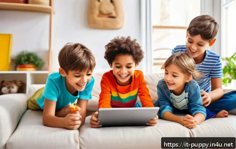 퍼피구조대 디지털 콘텐츠 - A cheerful group of diverse young children, all wearing colorful casual clothes and some with light ...