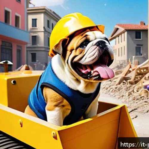 Home 30 퍼피구조대 루블 특징 - A friendly English Bulldog puppy wearing a yellow construction helmet and a bright yellow vest, oper...