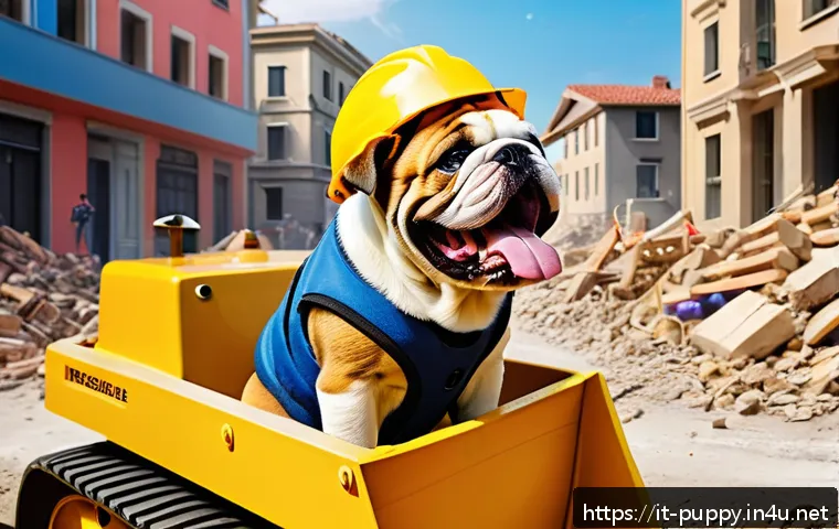 퍼피구조대 루블 특징 - A friendly English Bulldog puppy wearing a yellow construction helmet and a bright yellow vest, oper...