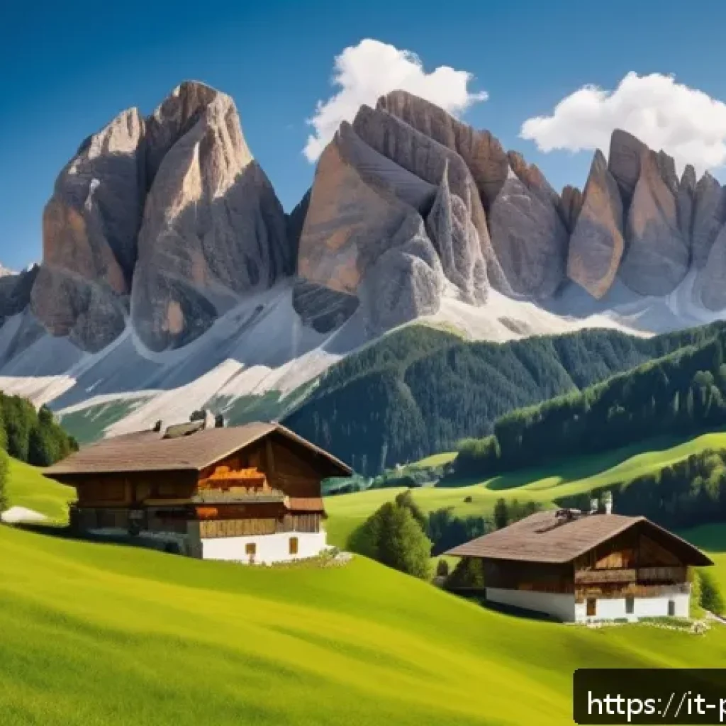 퍼피구조대 줌머 활동 영역 - A vibrant, animated-style landscape of the Dolomites featuring towering rocky peaks with lush green ...