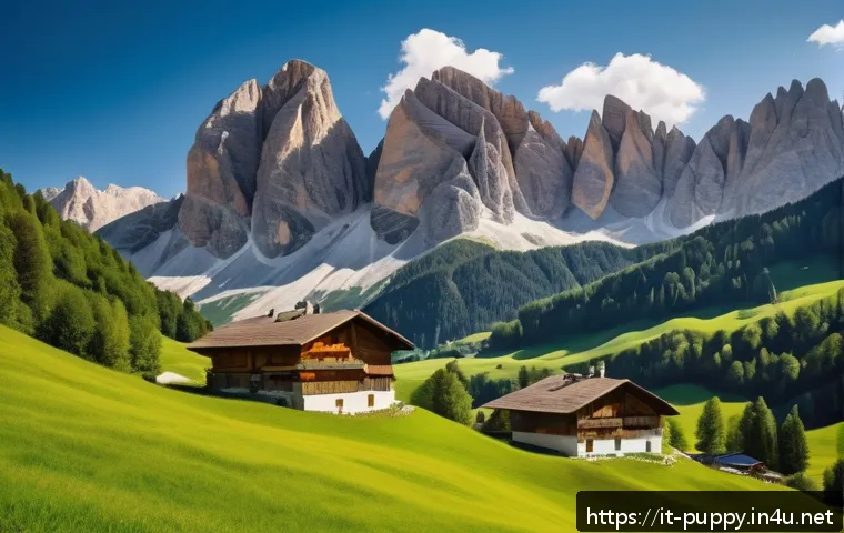 퍼피구조대 줌머 활동 영역 - A vibrant, animated-style landscape of the Dolomites featuring towering rocky peaks with lush green ...