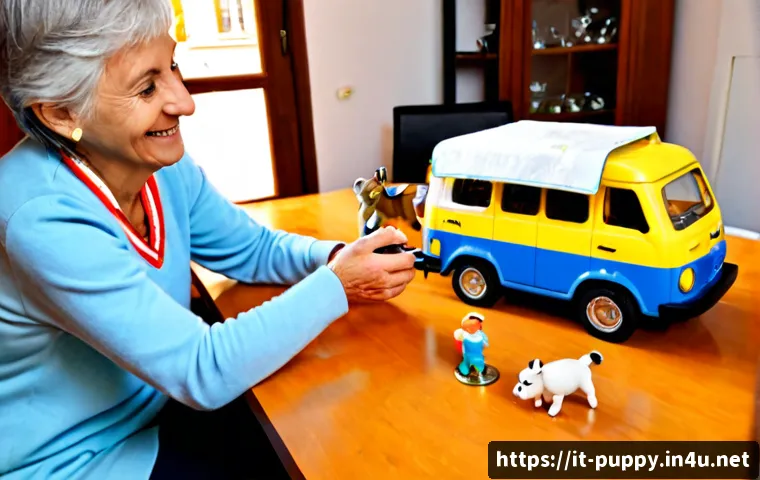 퍼피구조대의 색다른 상품 리뷰 - Photorealistic Italian family lifestyle scene, a cheerful child and grandparent reviewing a colorful...